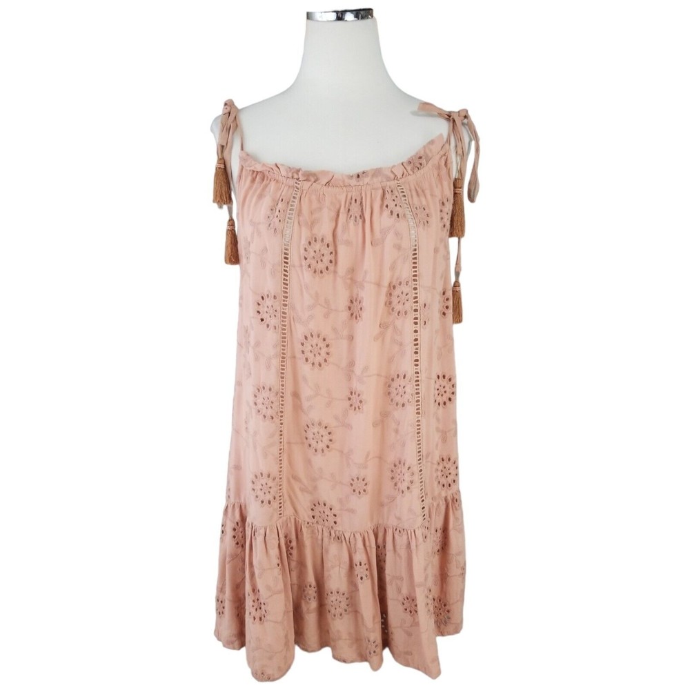Nicole Miller Artelier Terracotta Floral Eyelet Mini Dress Tassel Straps Small
